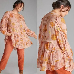 Anthropologie Sheer Ruffled Pink Combo Henley Style Button Front Tunic Top(S)
